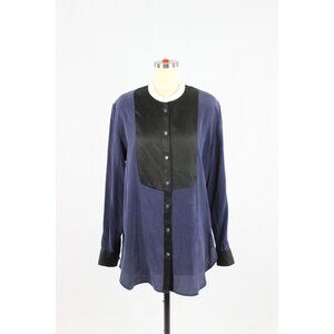 EQUIPMENT Navy Blue Black 100% Silk Crepe Button Up Tuxedo Tunic Shirt, Size S